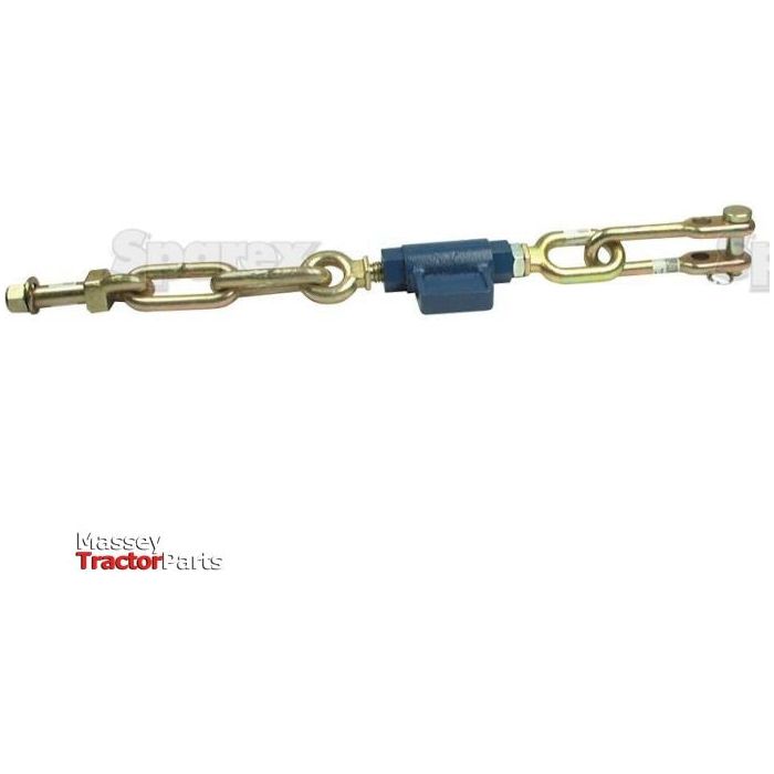 A gold-colored adjustable turnbuckle with a blue center component, likely used for agricultural or mechanical purposes. The words "Massey Tractor Parts" are visible in the bottom corner, and it's compatible with Ford/New Holland equipment. This product is a Sparex Stabiliser Chain, featuring a D-Shackle with Ø16mm thread and a minimum length of 511mm (Sparex Part No.S.11197).