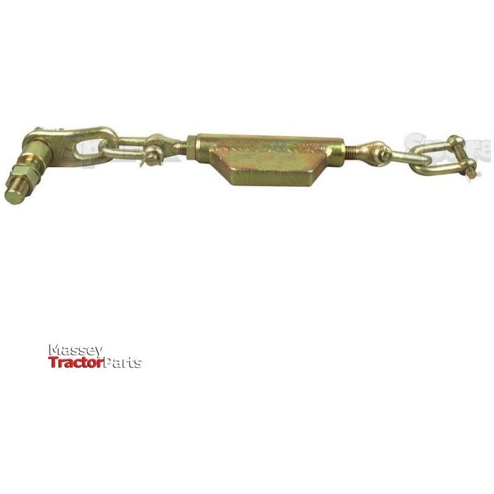 Image of a metal turnbuckle with attached end fittings, labeled "Sparex Stabiliser Chain (D-Shackle Ø13mm - Thread Ø19mm - Min. Length: 495mm - 3/4 UNC | Sparex Part No. S.3284)," suitable for Ford / New Holland models.