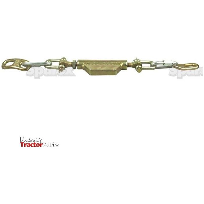 Image of a metal turnbuckle with eye and hook ends. The words "Massey Tractor Parts" are visible in the bottom left corner. This robust piece is a Stabiliser Chain by Sparex (Part No. S.3320), featuring Ø18x38mm holes and a minimum length of 650mm, ensuring reliable performance for various applications.