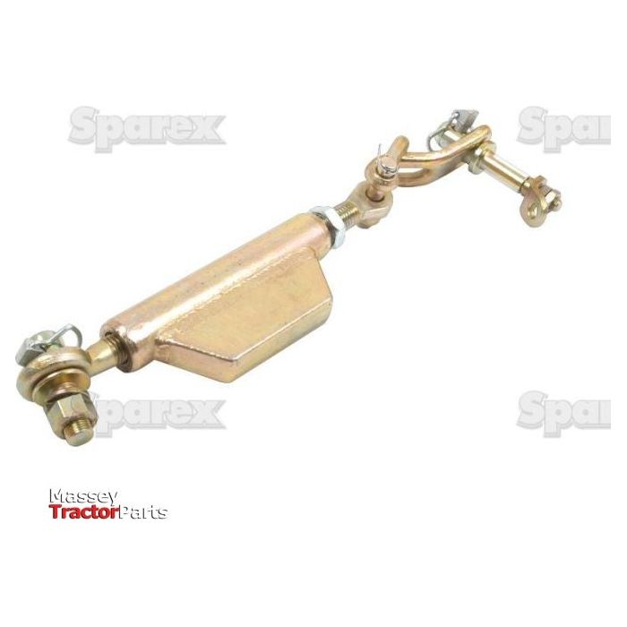 Close-up of a metal component featuring bolts and an adjustable mechanism, with labels "Sparex" and "Massey Tractor Parts" in the background. The intricate design showcases precision end fittings and 3/4 UNC thread for secure installation, identified as the Stabiliser Chain - Pin Ø16mm - Thread Ø16mm - Min. Length:387mm (Sparex Part No. S.4250).