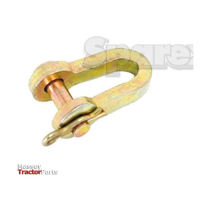 A yellow D Shackle with a pin diameter of 8mm and a jaw width of 18mm, used for securing or hoisting, is placed against a white background. The text "Massey TractorParts," "Sparex," and "Internal Length 35mm, Pin Ø8.5mm" appear in the image.