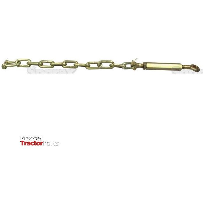 A metal stabiliser chain assembly with a D-shackle diameter of 12.5mm and an eyebolt diameter of 23mm, featuring precise thread size and a minimum length of 840mm, is shown against a white background. The "Sparex" logo is displayed in the corner, emphasizing end fittings and durability that highlight its quality Sparex design.