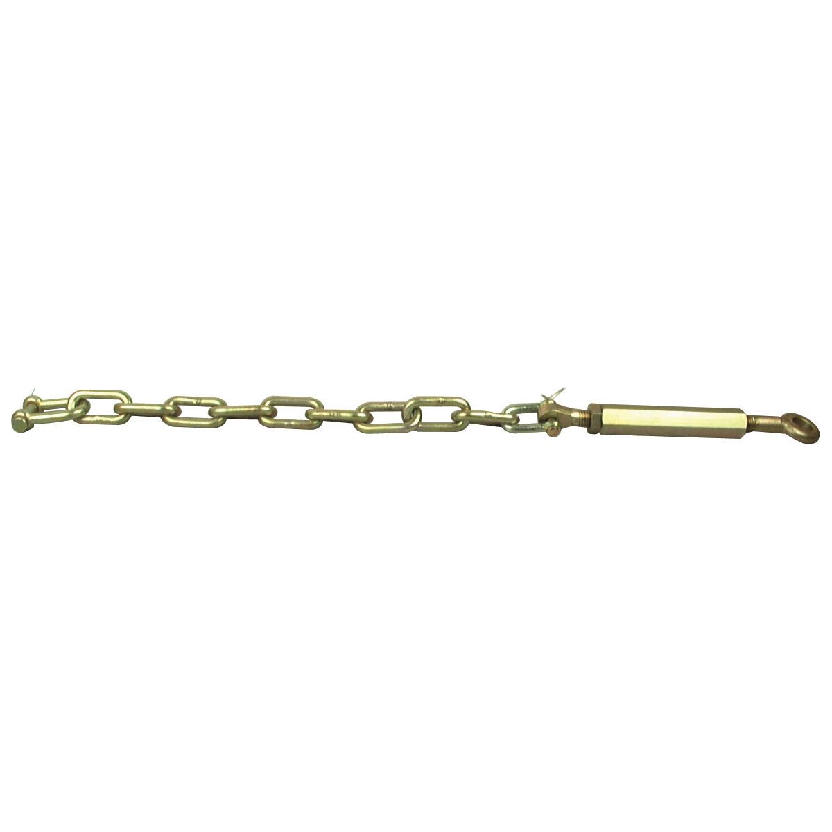 The Sparex Stabiliser Chain - D-Shackle Ø12.5mm - Eyebolt Ø23mm - Min. Length: 840mm - 3/4 UNC (Sparex Part No.S.175) is a metallic chain equipped with an attached turnbuckle and threaded end fittings, ideal for tensioning purposes in various mechanical and structural applications.