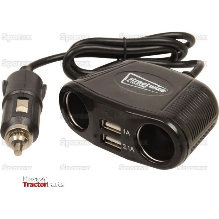 Sparex Cigar Lighter Plug Assembly (Part No. S.20678) features a black dual USB car charger with two USB ports and two cigarette lighter sockets, connected to a car power plug via a cable.