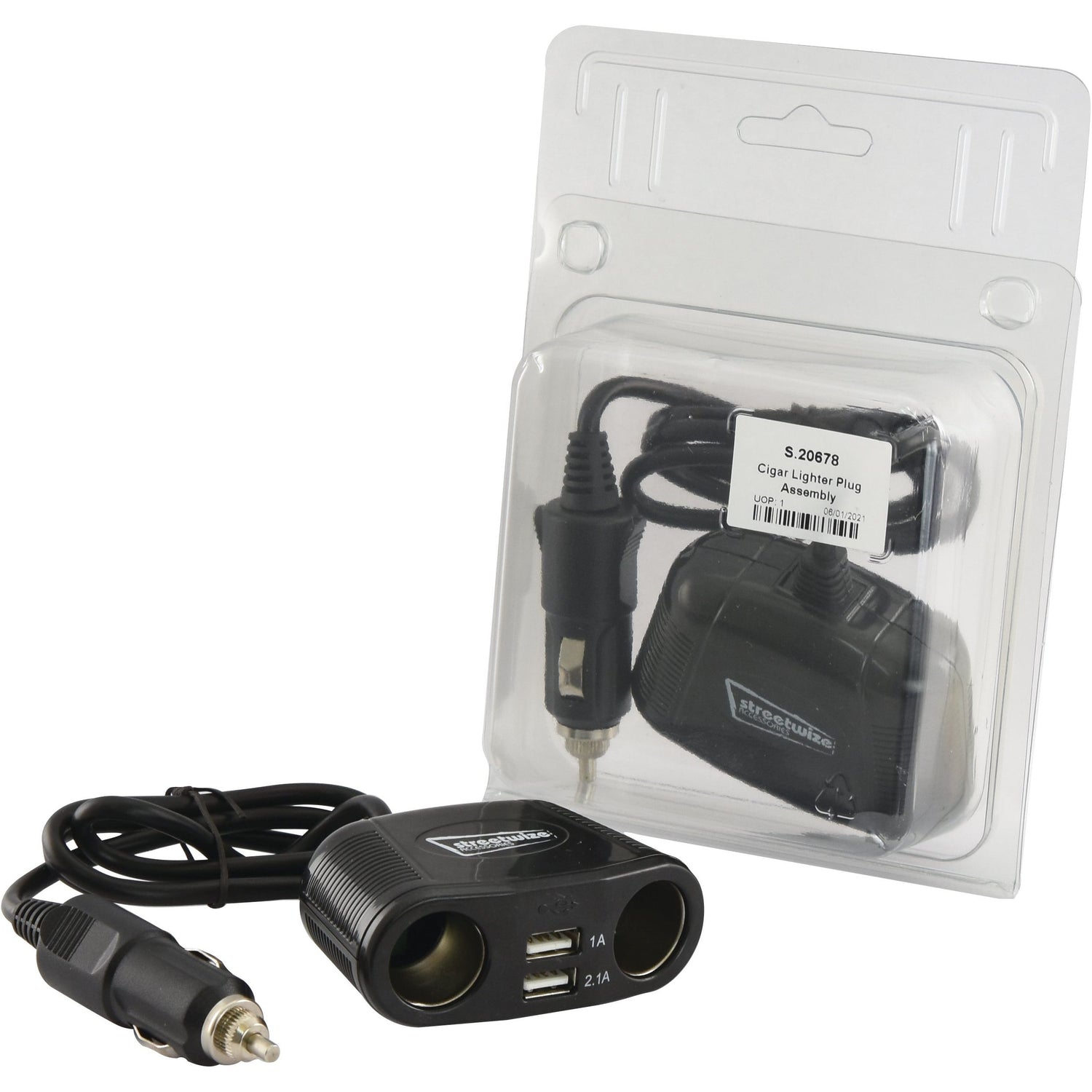 A Sparex Cigar Lighter Plug Assembly, Part No. S.20678, with dual USB ports, shown in and out of packaging.
