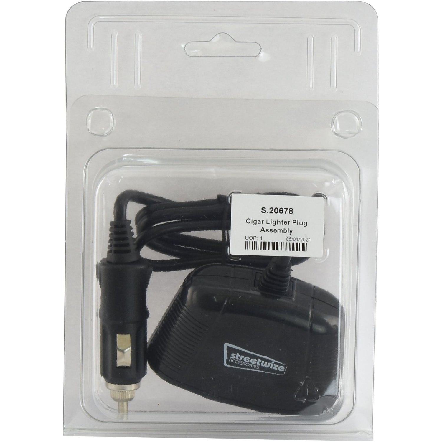 A packaged black car charger with a "Sparex" label and a label stating "S. 20678 Cigar Lighter Plug Assembly," featuring an added USB socket for versatile charging options.