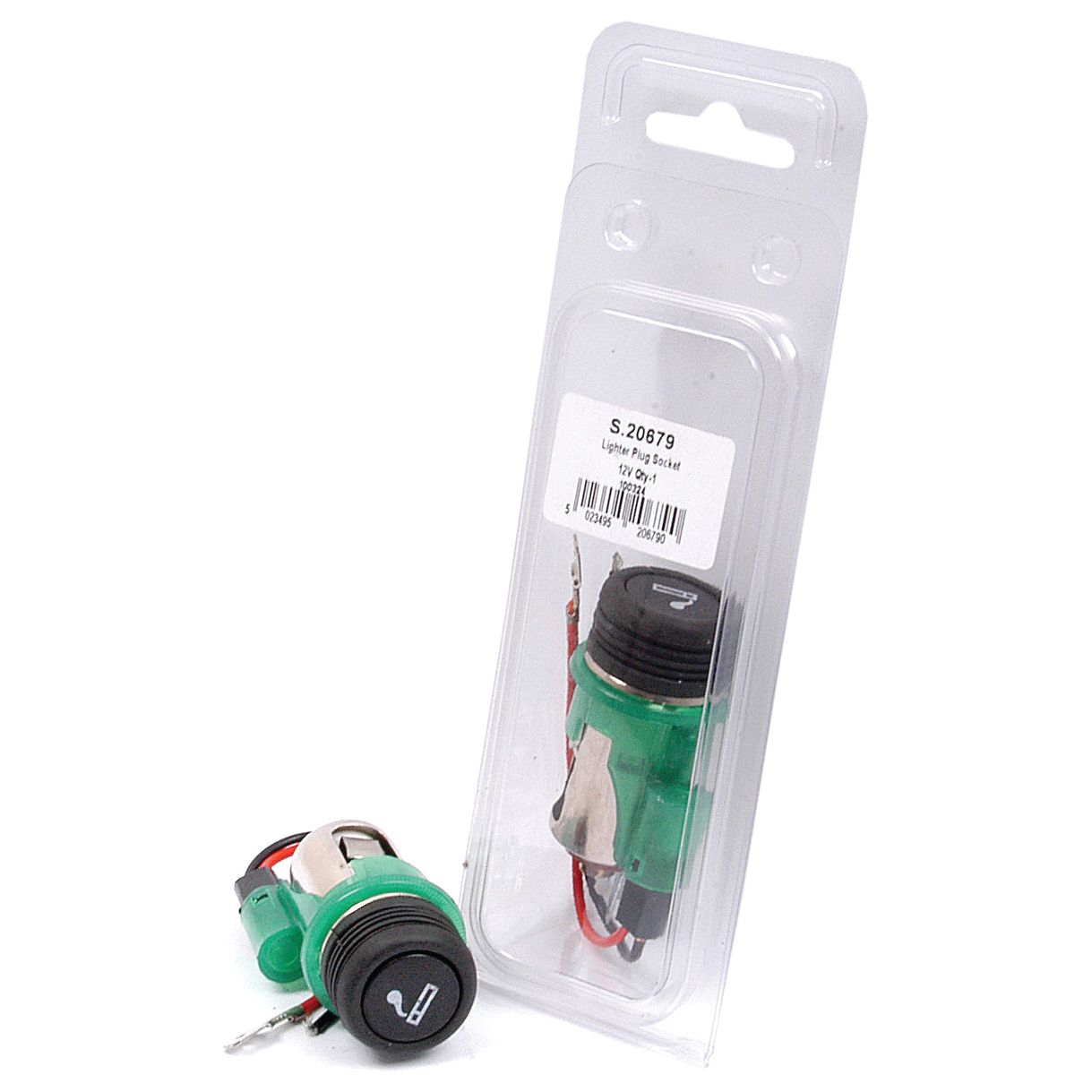 Two green push-button switches are shown, one encased in clear plastic packaging labeled with "Cigarette Socket and Lighter (Agripak 1 pc.) | Sparex Part No.S.20679" from the brand Sparex, while the other switch, compatible with a 12V cigarette socket, is positioned outside of the package, resting on its side.