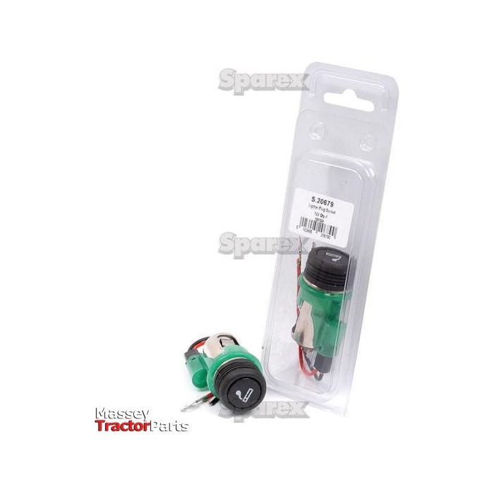 Two green and black 12V cigarette lighter sockets, one outside and one inside a clear plastic packaging with a white label. Branding includes "Sparex" and "Cigarette Socket and Lighter (Agripak 1 pc.) | Sparex Part No.S.20679.
