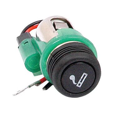 Sparex Cigarette Socket and Lighter, featuring a green casing with a pipe symbol on the front, comes with connected wires and runs on 12V. (Agripak 1 pc., Sparex Part No. S.20679)