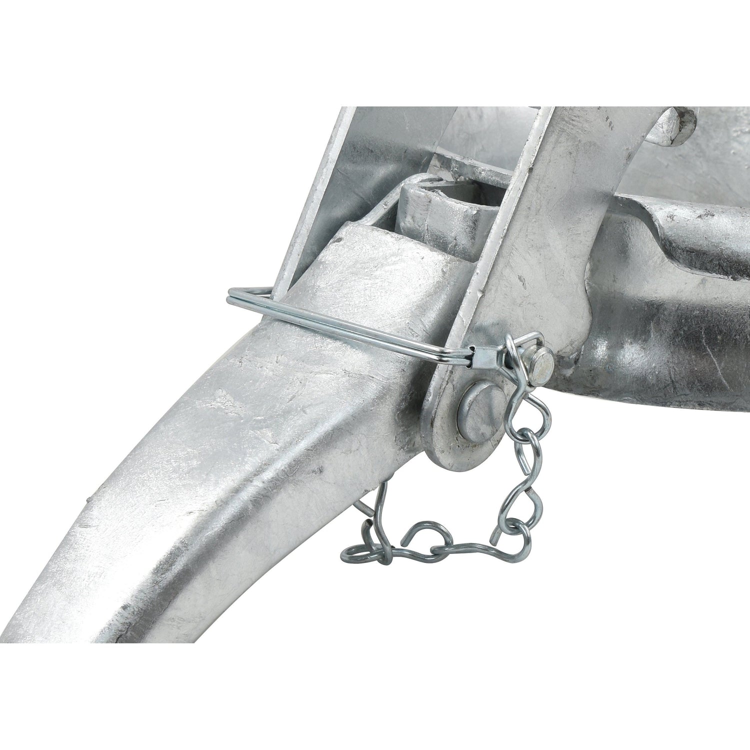 Close-up of a Sparex Clamp Ring - 4'' (108mm) (Galvanised) - S.59409 featuring a locking pin and chain securing the hinged joint.