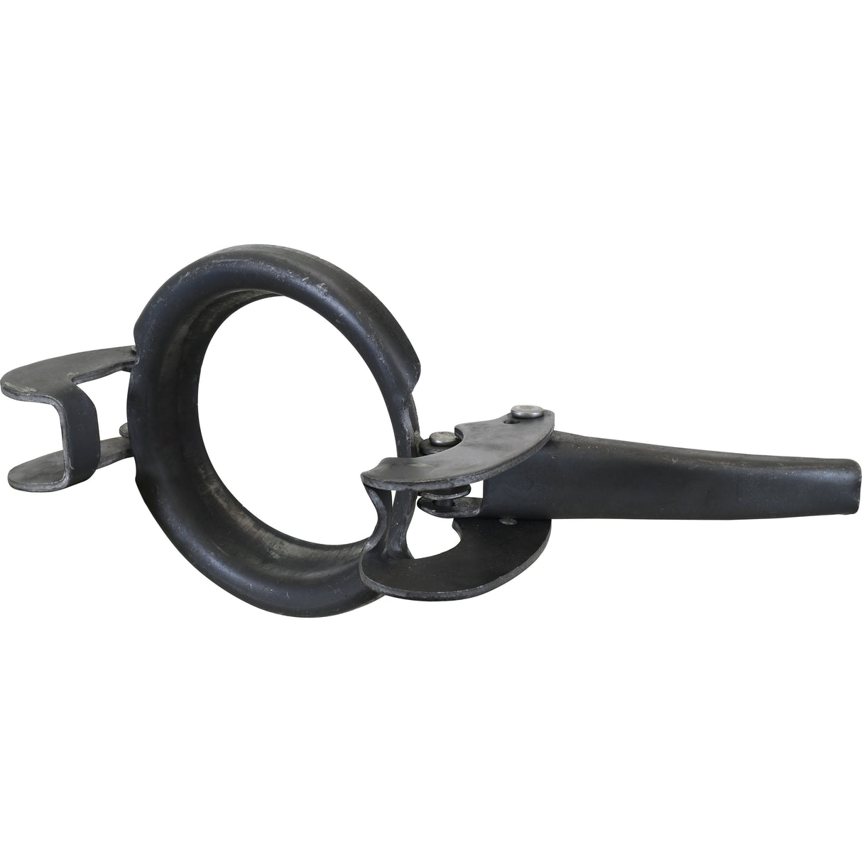 The Sparex Clamp Ring - 4'' (108mm) (Non Galvanised) - S.59406 features a black metal construction with a hinge mechanism, locking clasp, and integrated locking pin.