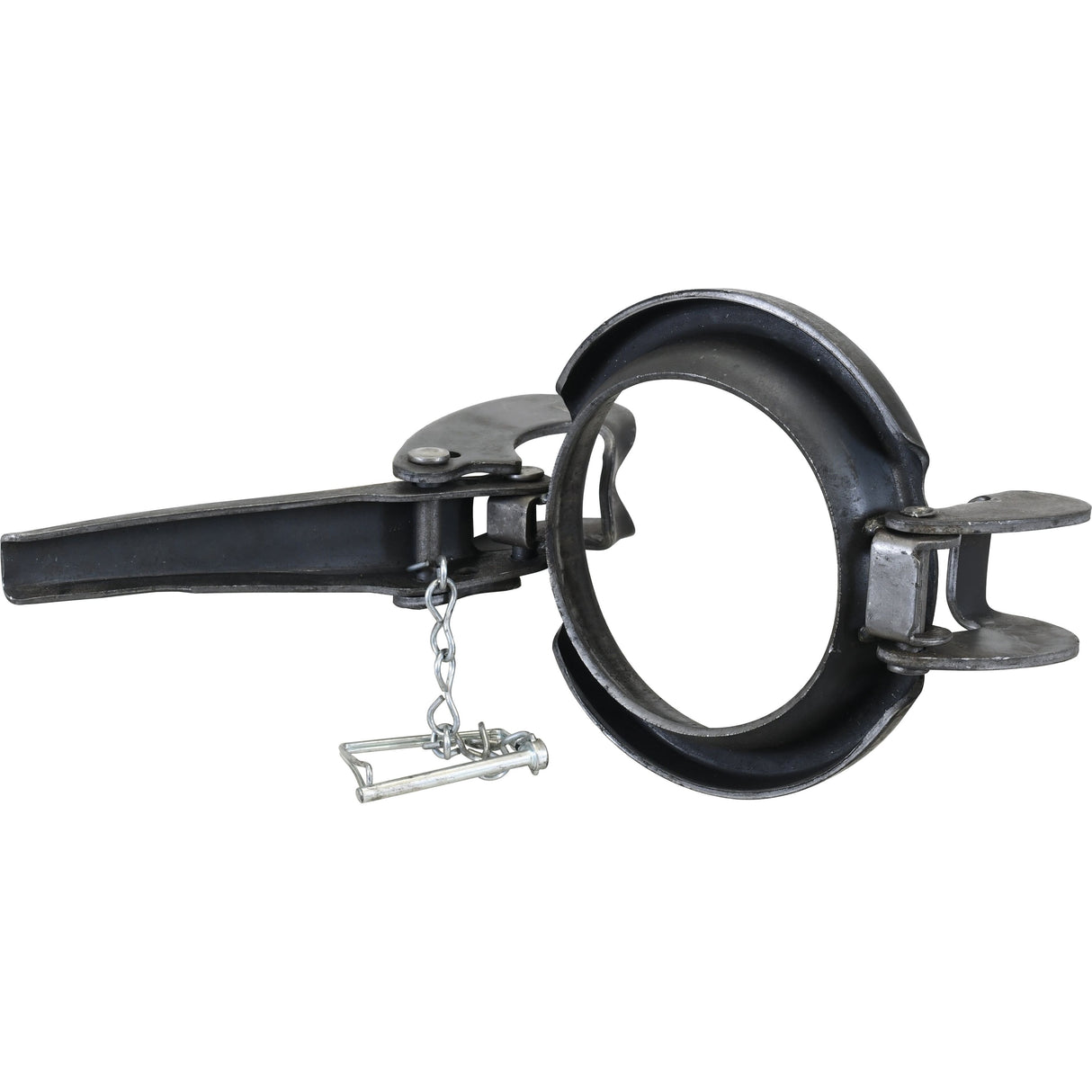 The Sparex Clamp Ring - 4" (108mm) (Non Galvanised) - S.59406 features a metallic leg trap design with a closed loop, metal chain, spring mechanism, and secure locking pin.