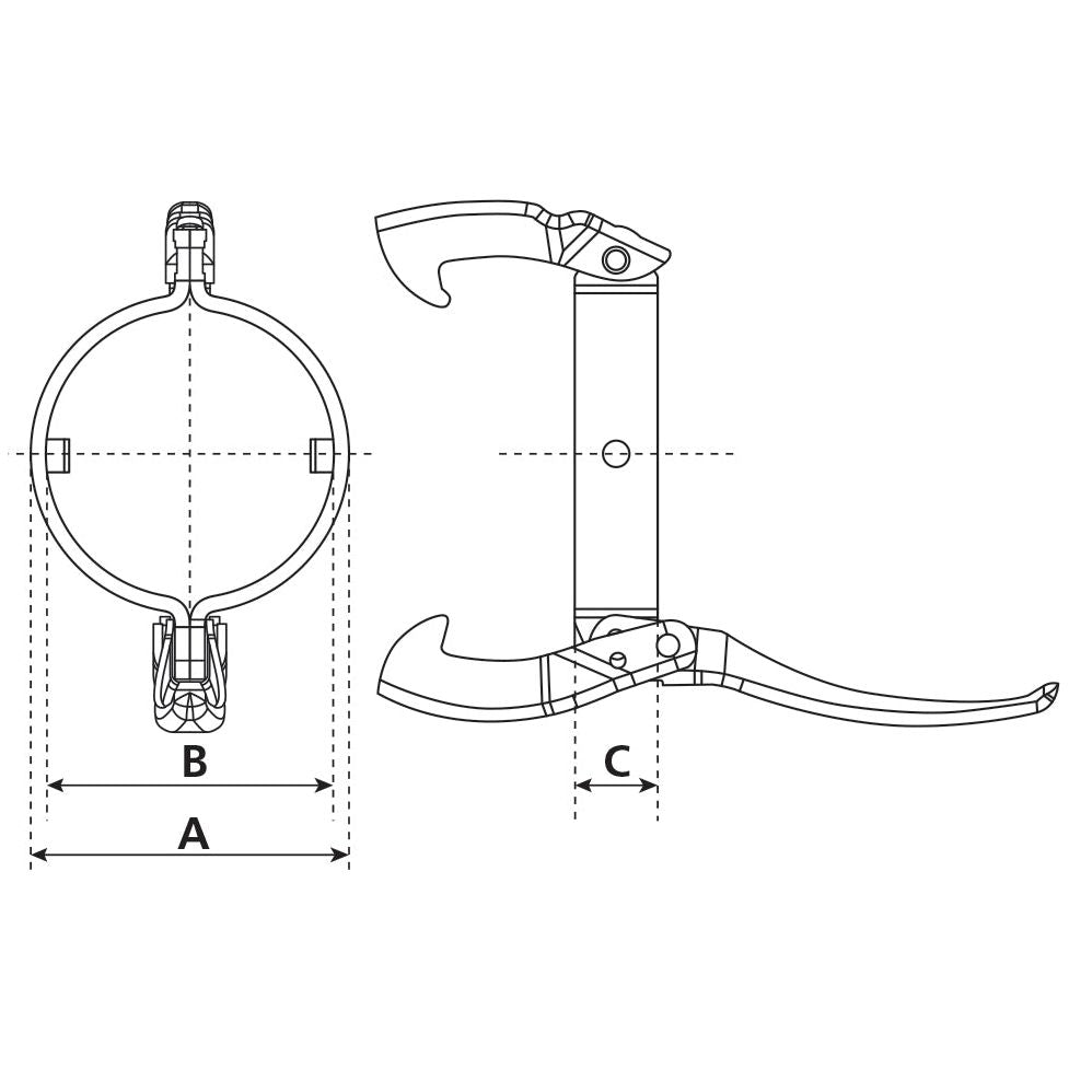 Technical drawing of the Sparex Clamp Ring - 5'' (133mm) (Non Galvanised) - S.103117, with dimensions labeled A, B, and C. The clamp ring is shown from the front and side views with precise lines indicating measurements and mechanical details, including a locking pin for secure fastening.