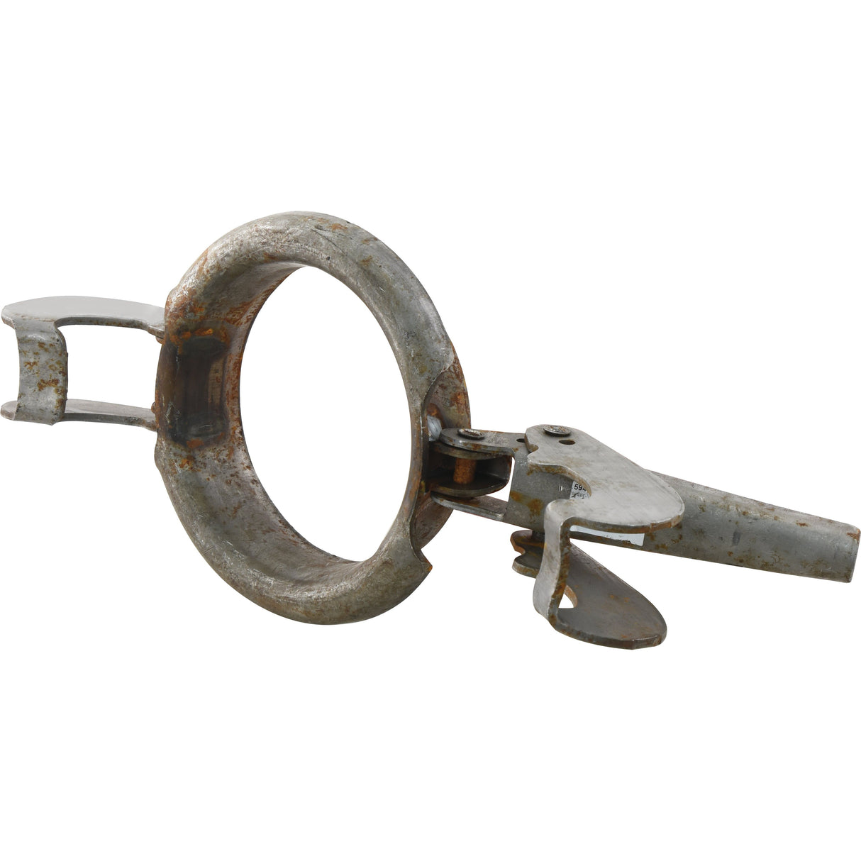 Rusty Sparex Clamp Ring - 5'' (133mm) (Non Galvanised) - S.59407 with a single ring open and visible locking mechanism.