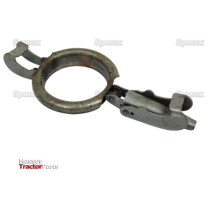 A metal clamp ring with a circular hinge mechanism. The clamp, featuring a locking pin, is in an open position and appears to be a part for agricultural machinery. Text at the bottom left reads "Massey Tractor Parts." This product is identified as the "Clamp Ring - 5'' (133mm) (Non Galvanised) - S.59407" from Sparex.
