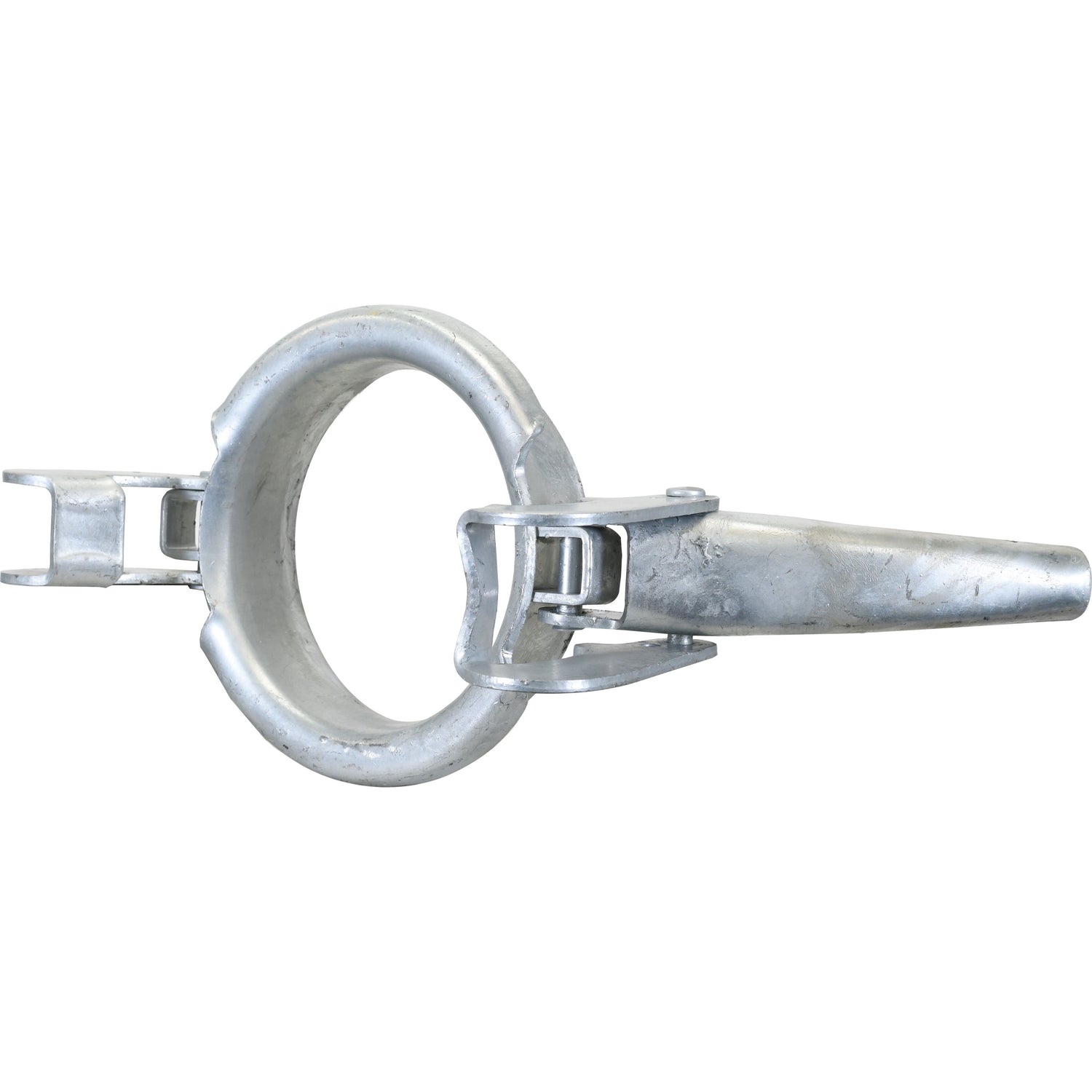 The Sparex Clamp Ring - 6'' (159mm) (Galvanised) - S.59411 is a galvanised metal ring with an attached pointed handle and latch mechanism, commonly used as a coupler in various applications.