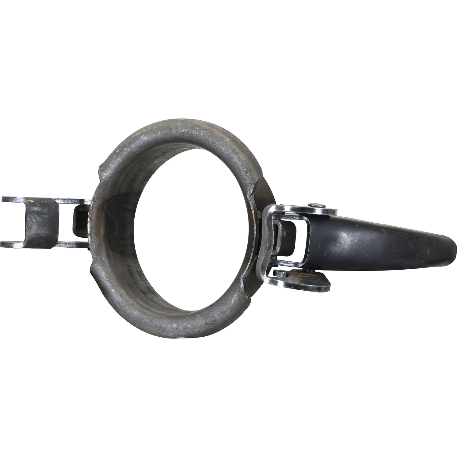 Image of the Clamp Ring - 6'' (159mm) (Non Galvanised) - S.59408 by Sparex, a metal pipe clamp with a hinged locking mechanism designed to secure cylindrical objects. It features a circular opening and a latch on one side for easy adjustment, is compatible with Bauer fittings, and includes a Sparex locking pin for added security.