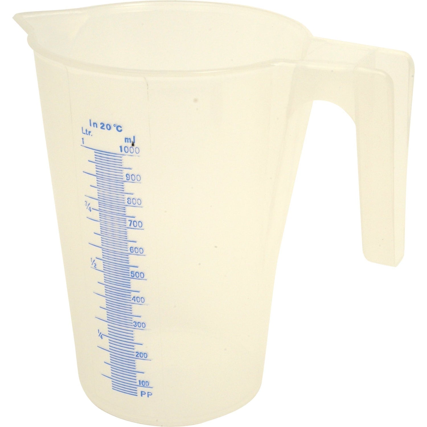 The Clear Measuring Jug - 1L (Sparex Part No. S.30163) features a transparent design with a blue graduated scale for measuring capacities in milliliters and liters, and includes a handle on the right side for easy use.
