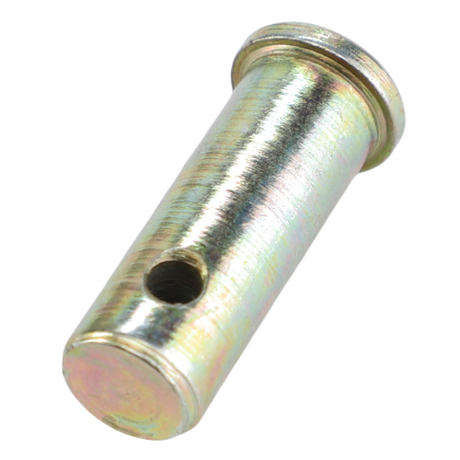 The AGCO Massey Ferguson - Clevis Pin 1/2 x 15/16 - 195396M1 is a predominantly silver cylindrical metal pin with a slightly textured surface and a small hole near the center, commonly used in Massey Ferguson tractor parts from the 100 Series.