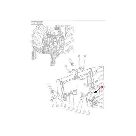 A technical diagram illustrates the components of a tractor's rear, with numbered parts. It specifically highlights part number 9, marked with a red dot. This diagram is crucial for understanding the tractor parts of the Massey Ferguson 100 Series, including the Clevis Pin 1/2 x 15/16 by AGCO, product number 195396M1.