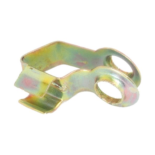 The Sparex Throttle Linkage Clip (6.5mm), Part No. S.41343, is a small, metallic, gold-colored clip featuring two circular holes and a rectangular slot, ideal for use in Massey Ferguson throttle linkage systems.