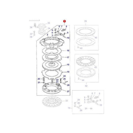 An exploded view of the Massey Ferguson - Clutch Assy 12 Dual (3610268M92) by AGCO, featuring numbered components and detailed diagrams of the individual parts.