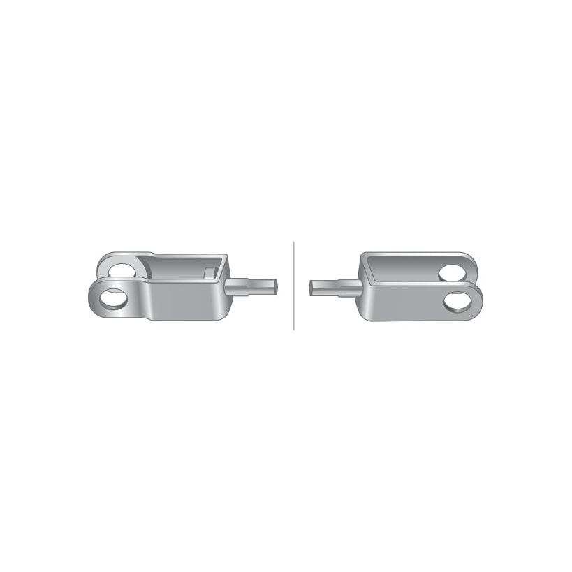 Two views of a metallic clevis, one depicting a side perspective with two pinholes and the other illustrating a front perspective. Compatible with Fiat 580 clutch cable assemblies, this Sparex part (Part No.S.62194) ensures durability and reliability in your machinery.