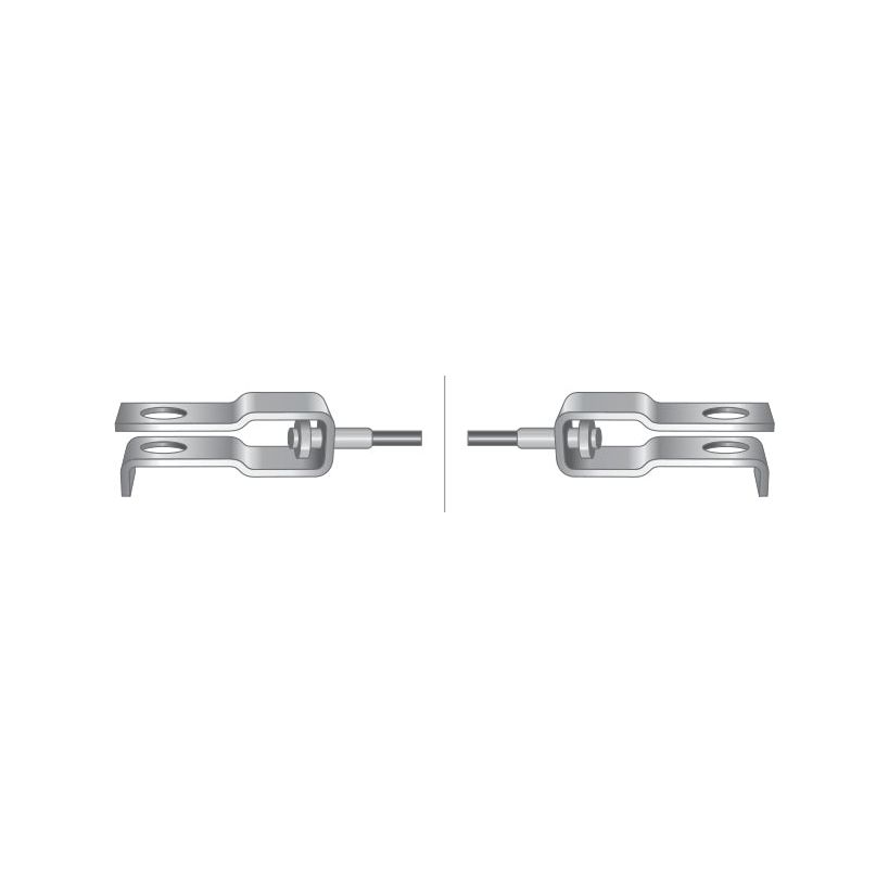 Two identical metallic components with a fork-like design and holes at the ends are aligned horizontally, separated by a thin vertical line, resembling parts of the Massey Ferguson clutch cable (Product: Clutch Cable - Length: 721mm, Outer cable length: 410mm | Sparex Part No. S.43404) available from Sparex.