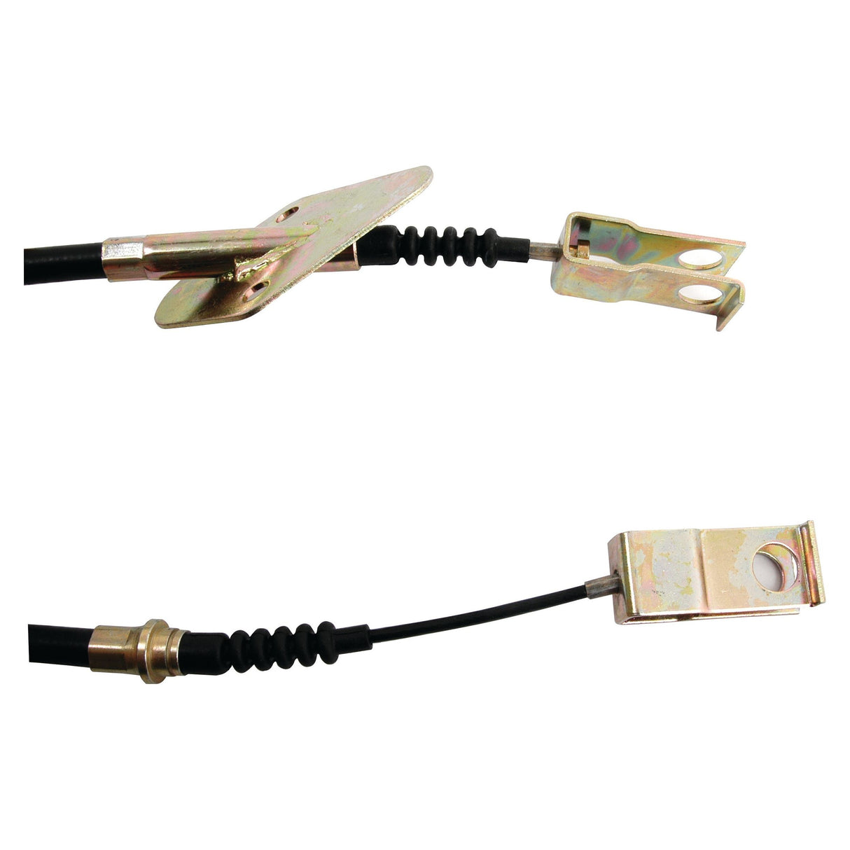 Close-up of two Sparex Clutch Cables (Part No. S.43404), measuring 721mm in length and 410mm for the outer cable, with brass-colored metallic clips, reminiscent of a Massey Ferguson clutch cable, on a white background.
