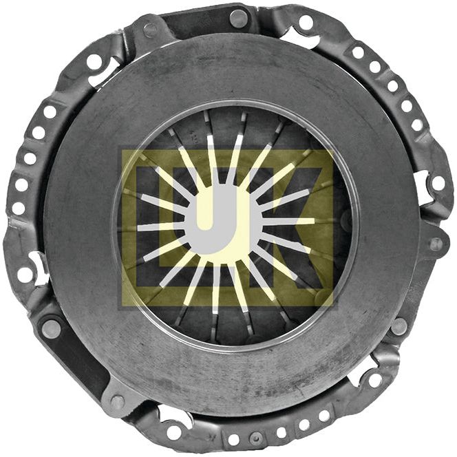 The Clutch Cover Assembly - S.145200 by Sparex is a round metal automotive part with a central opening and six evenly spaced prongs, encased in a pressed steel housing. A logo featuring yellow, black, and white colors is prominently displayed over the center.