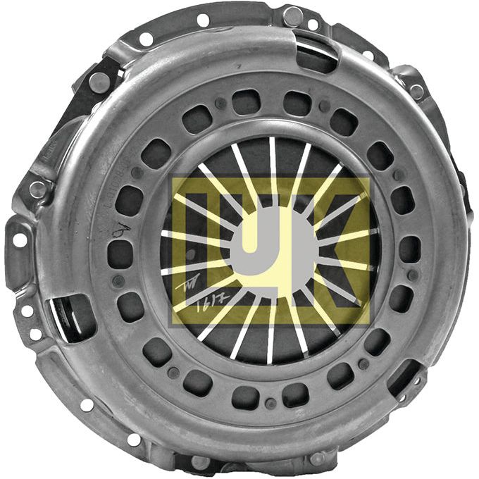 The Clutch Cover Assembly - S.145226 by Sparex is constructed from pressed steel and boasts a centrally positioned black and yellow logo with etched numerals on its surface.
