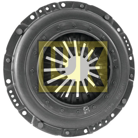 Clutch Cover Assembly - S.145287 by Sparex, featuring a metallic finish with a translucent rectangular logo overlay in the center, and encased in a durable pressed steel housing.