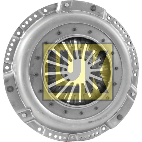 A Clutch Cover Assembly - S.145303 by Sparex, distinguished by its circular metal design and a robust single cover, prominently features a yellow and black "LUK" logo at the center.