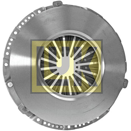 Image of the Clutch Cover Assembly - S.145307 by Sparex, featuring a yellow and black graphic overlay. The 350mm circular cover plate includes openings and radial fins, crafted from pressed steel for enhanced durability.