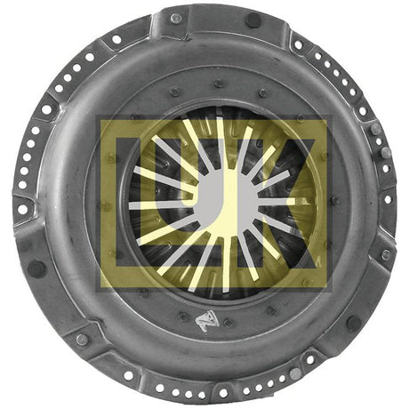 The Clutch Cover Assembly - S.145309 by Sparex is a round, metallic automotive part featuring numerous holes around its perimeter and an inner structure resembling a fan. It sports a yellow logo at the center and is encased in durable pressed steel housing.