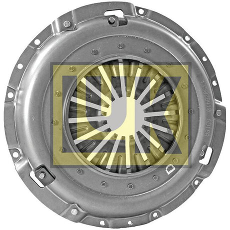 The Clutch Cover Assembly - S.145310 by Sparex is a metal automotive clutch pressure plate, featuring a robust pressed steel construction and adorned with a yellow and black Sparex logo in the center.