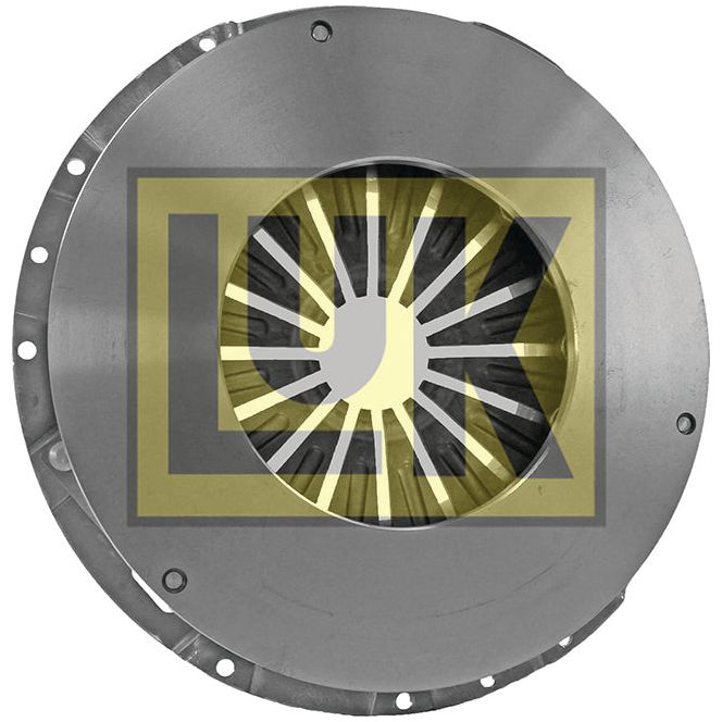 Circular metal automotive part with multiple bolts around the edge and radial slits in the center, displayed against a background featuring the Sparex logo and details of the Clutch Cover Assembly - S.145311 size.
