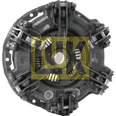Close-up of a Clutch Cover Assembly - S.145324 featuring metal components, springs, and a central gear. The assembly, by Sparex, includes an Organic Captive Disc and is overlaid with a yellow "LUK" logo.