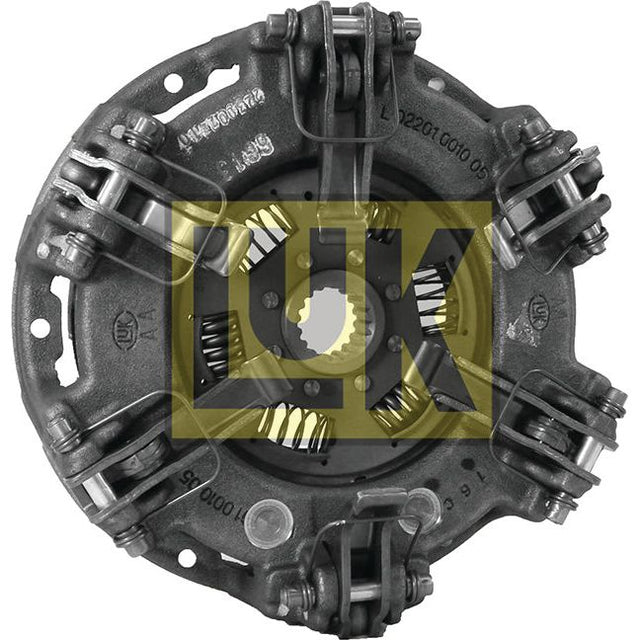 Close-up of a Clutch Cover Assembly - S.145324 featuring metal components, springs, and a central gear. The assembly, by Sparex, includes an Organic Captive Disc and is overlaid with a yellow "LUK" logo.