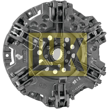 The Sparex Clutch Cover Assembly - S.145337 features a dual metal cover plate adorned with the letters "UK" prominently displayed in yellow. It boasts multiple springs and bolts, seamlessly integrated for optimal performance.