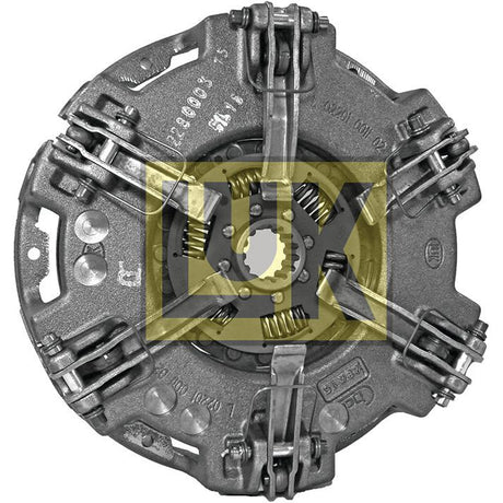 A Clutch Cover Assembly - S.145341 from Sparex includes a pressure plate with springs and levers, featuring a centered brand logo marked with yellow graphics, housed in durable cast iron for optimal performance.