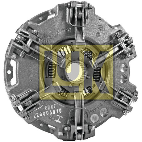 The Clutch Cover Assembly - S.145349 by Sparex is a metallic mechanical component featuring springs and gearing, likely viewed from above. This cerametallic design ensures durability, making it ideal for rugged use.