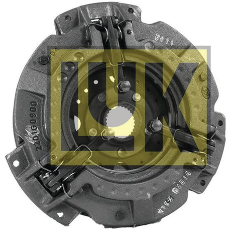 The Clutch Cover Assembly - S.145353 by Sparex is a metal automotive clutch pressure plate equipped with visible springs and mounting bolts, featuring an Organic Captive Disc and adorned with a semi-transparent yellow "LUK" logo.