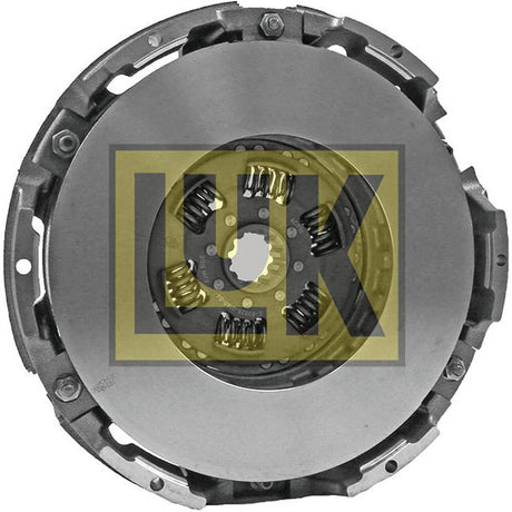 A circular clutch assembly, identified as the Clutch Cover Assembly - S.145379 by Sparex, features a cast iron housing and metal components such as springs and a cerametallic disc, with the LUK logo partially visible overlaying the image.