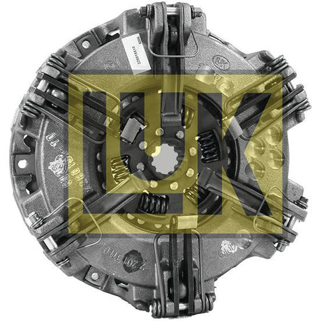 A round automotive clutch plate with metal construction is pictured, featuring a dual cover design. Overlaid by a transparent yellow logo displaying the letters "LUK," it showcases advanced engineering and reliability. The product is known as Clutch Cover Assembly - S.145390 by Sparex.