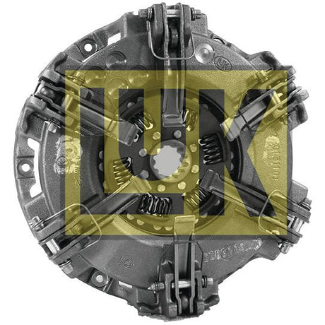 The Clutch Cover Assembly - S.145393 by Sparex includes a metallic automotive component with a cerametallic structure and boasts a large, semi-transparent yellow "LUK" logo prominently placed at the center.