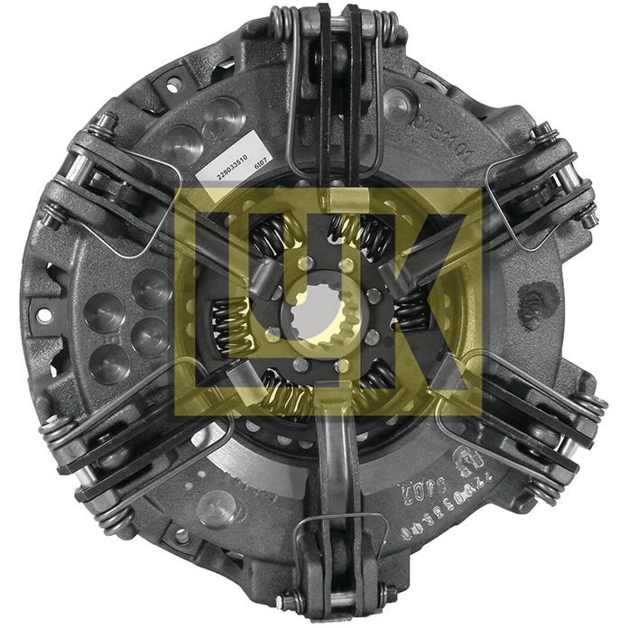 A close-up view of a mechanical part, identified as the Clutch Cover Assembly - S.145415 by Sparex, displaying visible springs and gears along with a Cerametallic Disc. The component is marked with the logo initials "UX" on a transparent yellow square overlay.