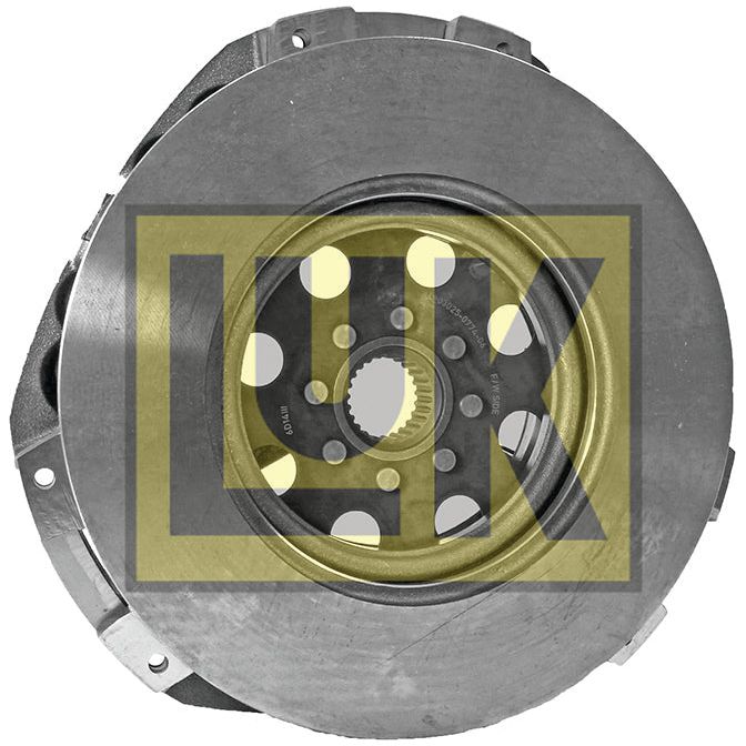 A circular metal clutch cover assembly, product ID S.145424 by Sparex, featuring several holes and intricate details, encased within a robust Cast Iron Housing and overlaid with a semi-transparent yellow and black "LYNX" logo.