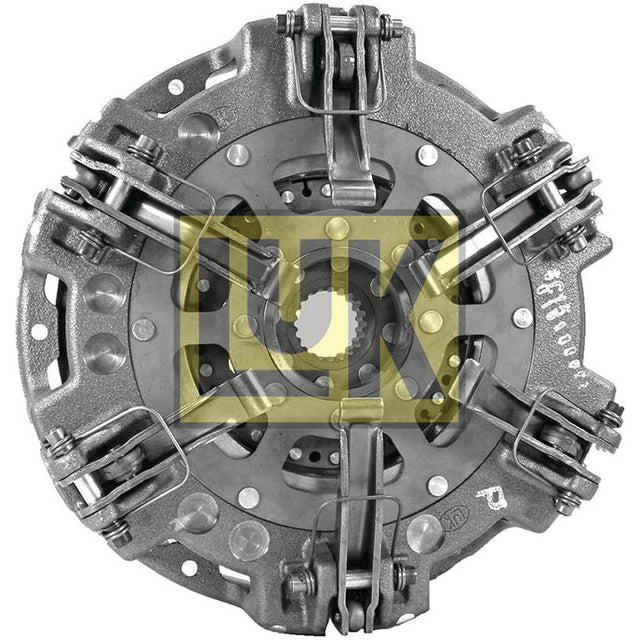A close-up view of the Sparex Clutch Cover Assembly - S.145427 with a metallic finish. The image highlights the details of the mechanical components such as springs, levers, and the central hub, featuring Captive Disc Material for enhanced durability.