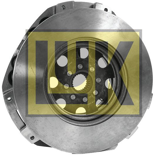 The Clutch Cover Assembly - S.145428 from Sparex is a circular mechanical part with multiple holes and a LU¨K logo overlay, showcasing an innovative captive disc design, possibly used as a clutch or flywheel component.